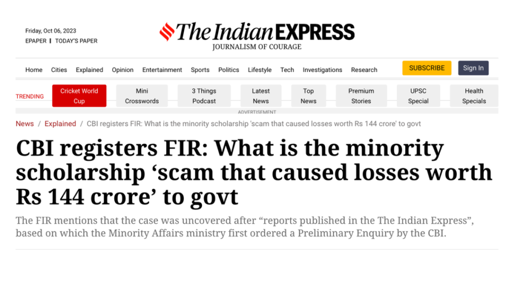 The Indian Express News on Post Matric Scholarship Scam 